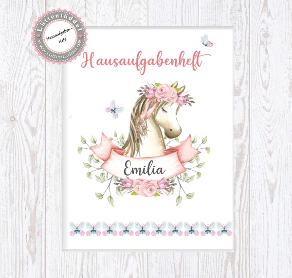 zuckersüßes Schulheft Umschlag Pferd Hausaufgabenheft in seperater hochwertiger Hülle von Lüttentüddel